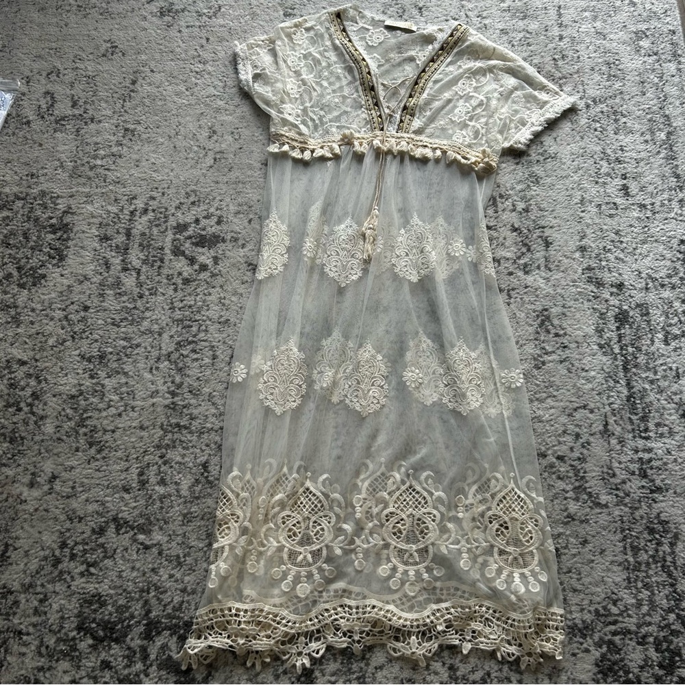 Jianshan Elegant Lace Sheer Boho  Dress.  Size Large